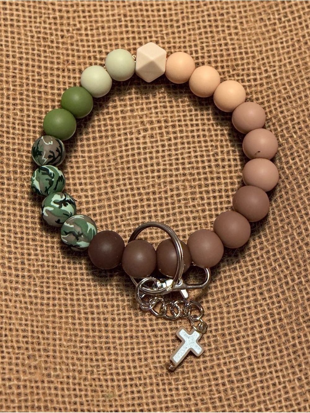 Neutral Olive & Brown Beaded  Bracelet with Cross Charm